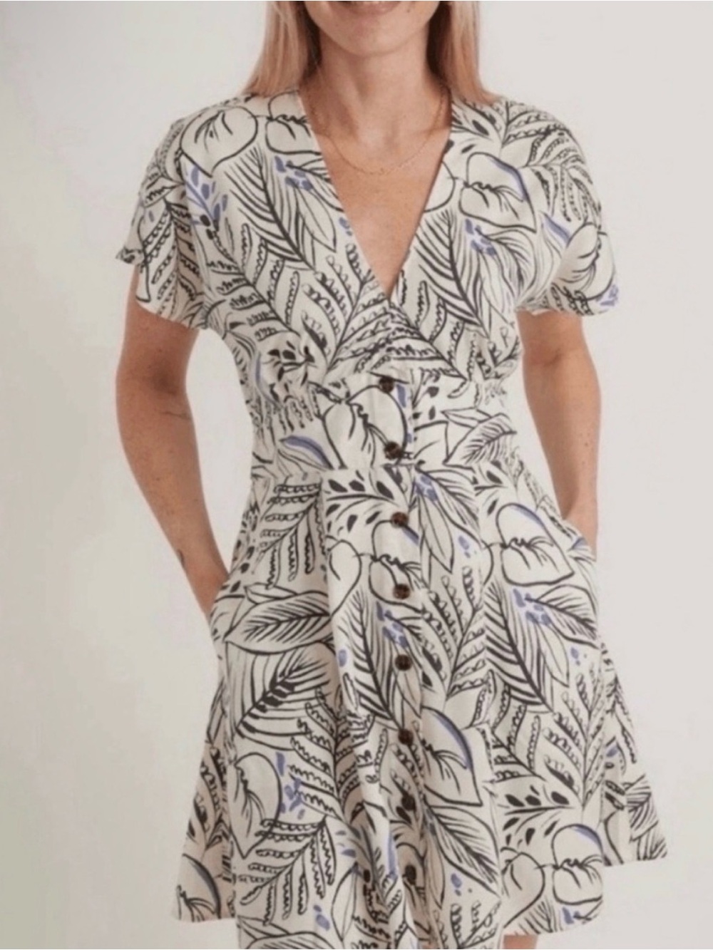Marine Layer Cream Mini Dress with Black Floral Print and Lavender Accents